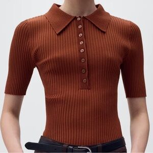 🆕 Short Sleeve Ribbed Polo Top - Russet